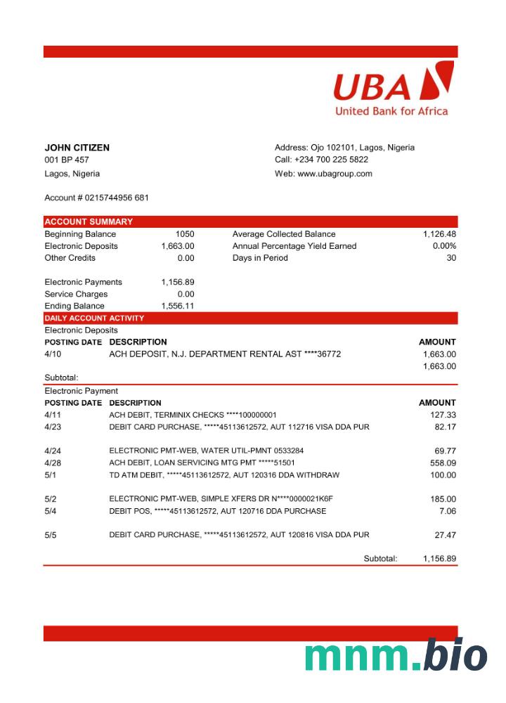 Nigeria UBA wyciąg bankowy szablon Worda i PDF, version 2